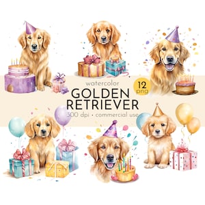Clipart de aniversário do Golden Retriever, download digital para amantes de cães, clipart de animais de estimação - download instantâneo - uso comercial