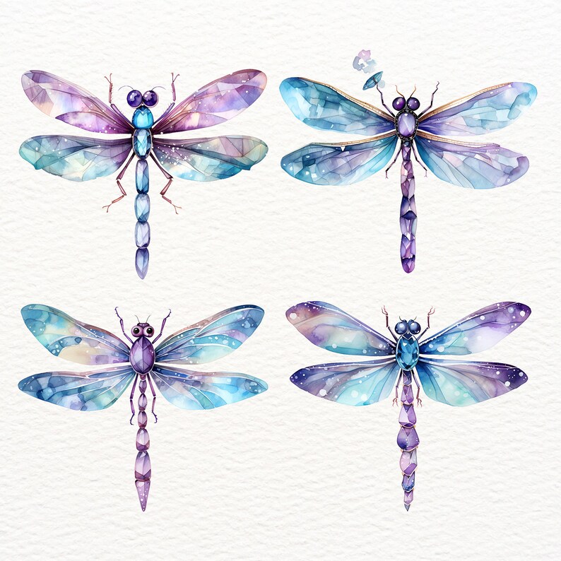 May include: Four watercolor illustrations of dragonflies with iridescent wings. The dragonflies are in various shades of blue, purple, and pink. The wings have a delicate, almost translucent quality.