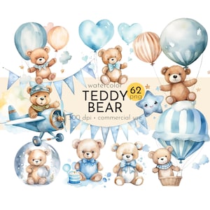 Clipart di palloncini e aeroplani ad acquerello, clipart per baby shower, clipart orsacchiotto - download istantaneo - uso commerciale