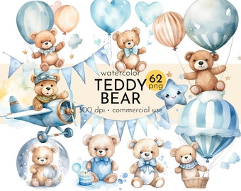 Watercolor Teddy Bear Clipart: Balloons & Airplanes (Digital Download)