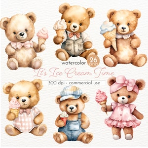 Ours en peluche avec des cliparts crème glacée, ours en peluche aquarelle, clipart baby shower, cadeaux d'anniversaire - téléchargement immédiat - usage Commercial