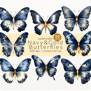 Clipart di farfalle blu navy e oro, insetti acquerellati, farfalle dipinte, farfalle organiche - Download immediato - Uso commerciale