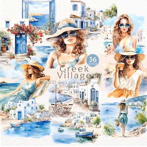 Village grec paysage Clipart, Clipart Santorin, Grèce, vacances romantiques, rue de la Grèce - téléchargement immédiat - usage Commercial