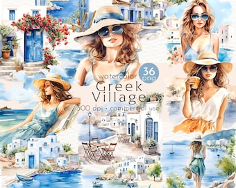 Santorini Clipart: 36 Greek Village Watercolor Scenery (PNG, Commercial Use)