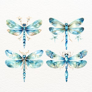 May include: Four watercolor illustrations of blue and gold dragonflies with intricate details. The dragonflies have delicate wings with a shimmering effect and are set against a white background.