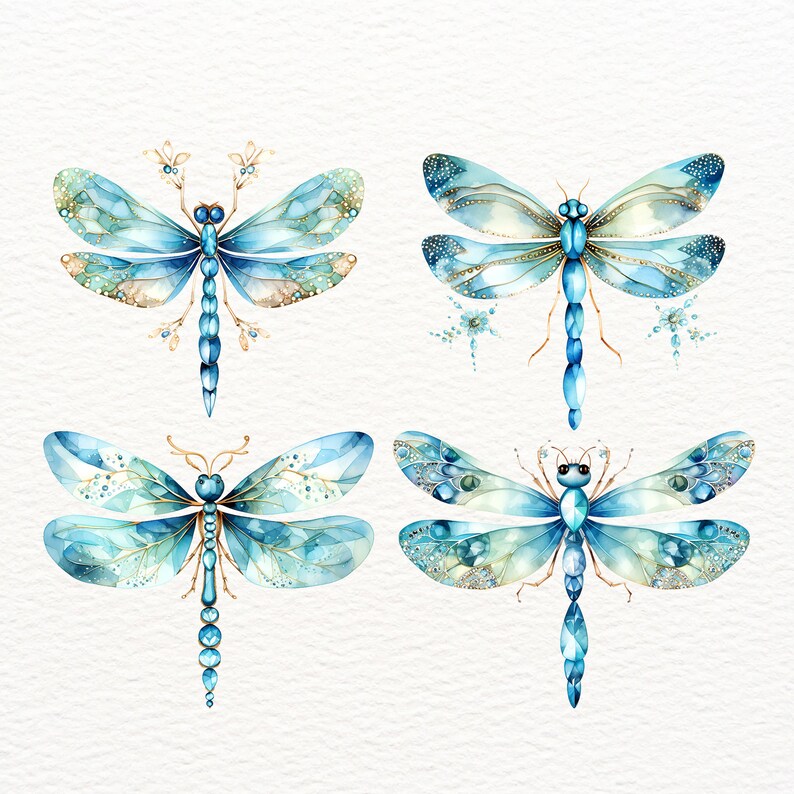 May include: Four watercolor illustrations of blue and gold dragonflies with intricate details. The dragonflies have delicate wings with a shimmering effect and are set against a white background.