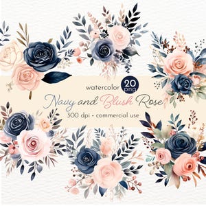 Navy and Blush Rose Clipart, Boho Flower Bouquet, Images of Beautiful Summer Flowers - Instant Download - Commercial Use