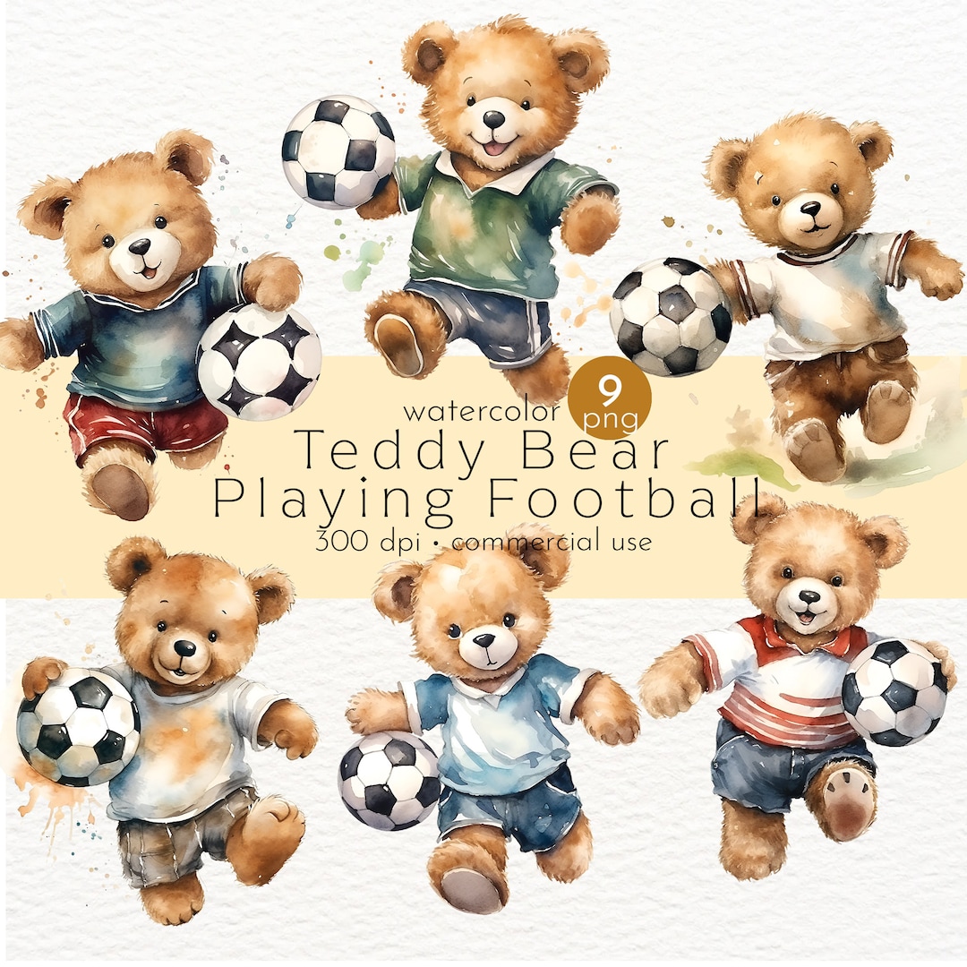 Watercolor Teddy Bear Soccer Clipart: Sports Illustrations (digital ...