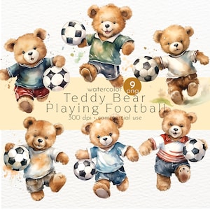 サッカーをするテディベア | フットボール クリップアート、スポーツ クリップアート、テディベア クリップアート、水彩フットボール - 即時ダウンロード - 商用利用