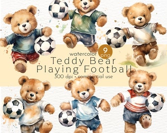 Clipart aquarelle nounours football : illustrations sportives (téléchargement numérique)