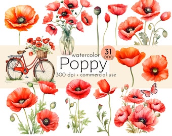 Poppy Flowers Clipart, Watercolor Spring Flowers, Images of Beautiful Spring Flowers - Instant Download - Commercial Use