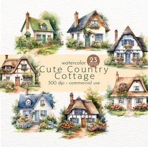 Cute Country Cottage Clipart, Cottagecore Clipart, Watercolor Cottage, Countryside Clipart - Instant Download - Commercial Use