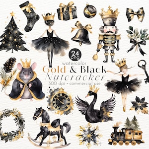 Clipart de quebra-nozes preto e dourado para Natal vintage, pôsteres retrô, convites de balé de feriado - Download instantâneo - Uso comercial