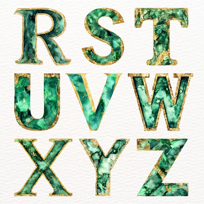 Emerald Gold Watercolor Alphabet Clipart: 26 PNG Letters (commercial ...