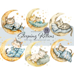 Schlafende Kätzchen Clipart, Baby-Kinderzimmer-Kunst, süße Aquarell Kätzchen, Kätzchen auf dem Mond Clip Art - Instant Download - Kommerzielle Nutzung