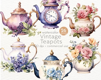 Clipart de bule de chá floral vintage: flores para a hora do chá (download instantâneo)