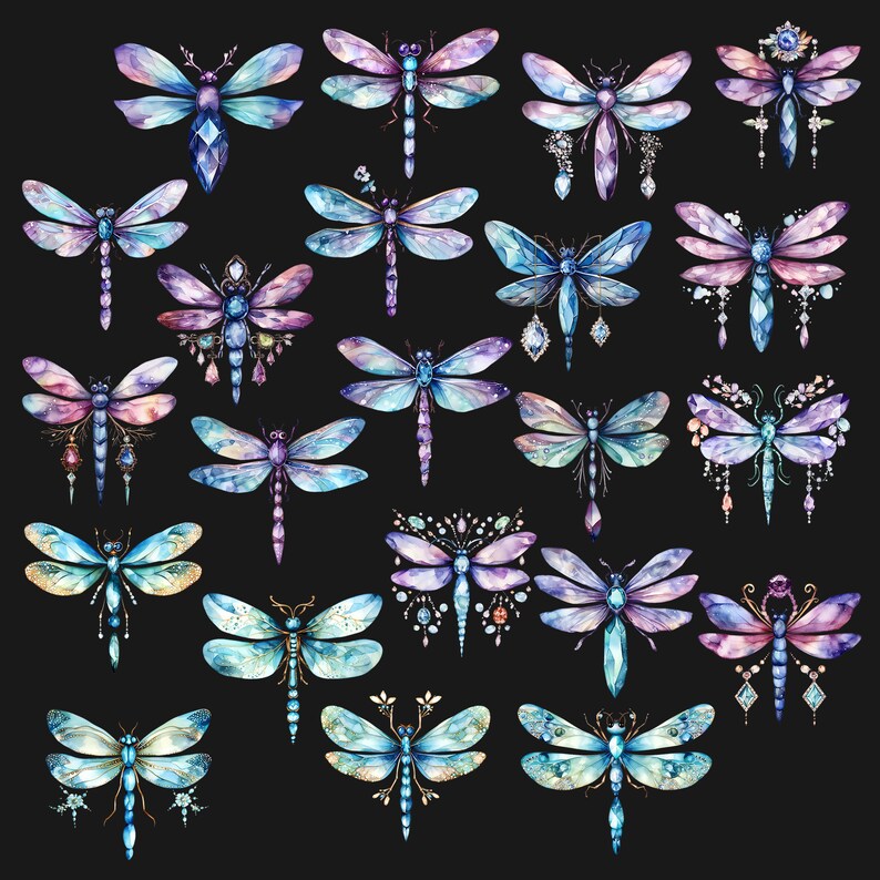 May include: A collection of 25 watercolor illustrations of dragonflies with intricate details and jeweled accents. The dragonflies are depicted in various shades of blue, purple, and pink, with sparkling accents.