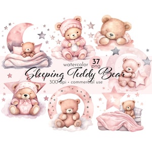 Clipart ours en peluche endormi rose clair, ours en peluche endormis, clipart baby shower, clipart ours en peluche - téléchargement immédiat - usage commercial