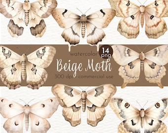 Beige Moth Clipart, Watercolor Insects, Painted Moths, Rustic Organic Moth - Instant Download - Commercial Use