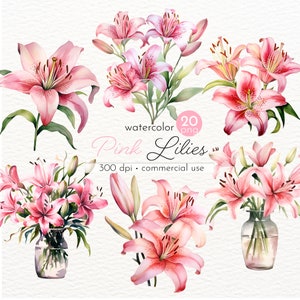 Clipart de lírios rosa, buquês de flores, lírios em aquarela, imagens de lindas flores - download instantâneo - uso comercial