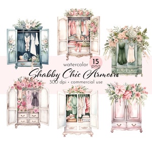 Shabby Chic Armoire Clipart, Armadio floreale, Armadio carino, Armadio con fiori rosa - Download immediato - Uso commerciale