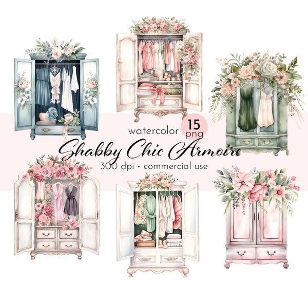 Clipart d'armoire Shabby Chic, armoire florale, jolie penderie, penderie fleur rose - téléchargement immédiat - usage Commercial