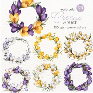 May include: Set of 23 watercolor illustrations of crocus flower wreaths in purple, white, and yellow. The wreaths are perfect for spring and Easter crafts.