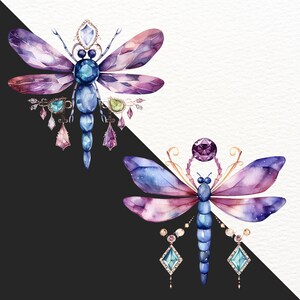 May include: Two watercolor illustrations of jeweled dragonflies with purple, blue, and gold accents. The dragonflies have intricate wings and are adorned with sparkling gemstones.