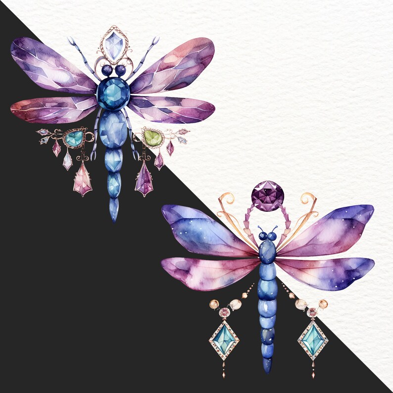 May include: Two watercolor illustrations of jeweled dragonflies with purple, blue, and gold accents. The dragonflies have intricate wings and are adorned with sparkling gemstones.
