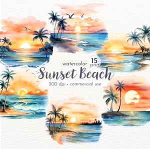 Sunset Beach Clipart, Watercolor Beach, Tropical Clipart, Landscape Artwork - Instant Download - Commercial Use