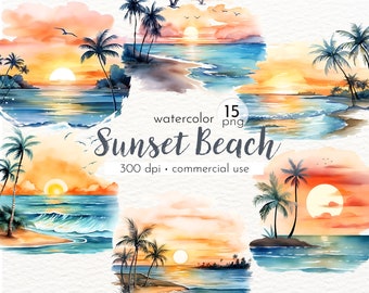 Clipart acquerello tramonto spiaggia: arte del paesaggio tropicale (download digitale)