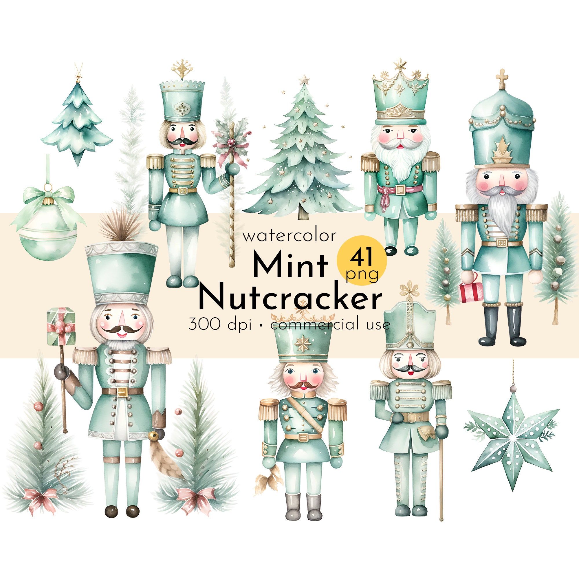 Watercolor Mint Nutcracker Clipart: Vintage Christmas Graphics (Commercial Use)