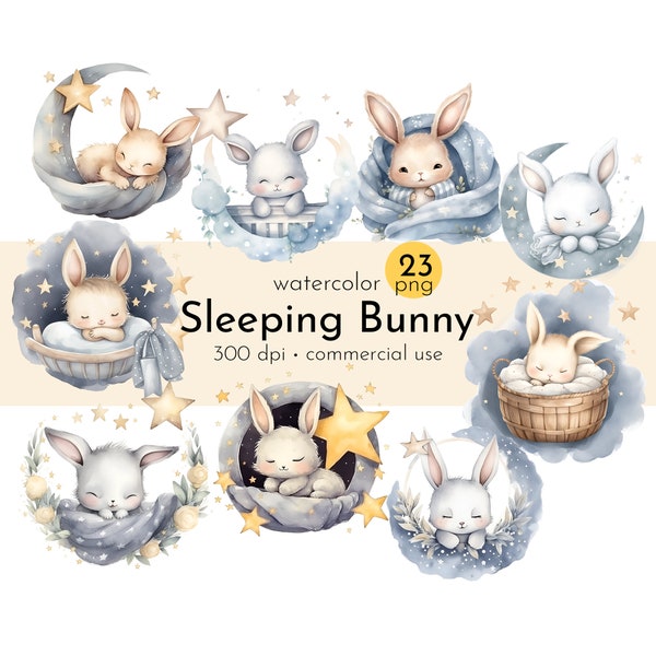 Watercolor Sleeping Bunny Clipart, Sleeping Bunnies, Baby Shower Clipart, Bunny Clip Art - Instant Download - Commercial Use