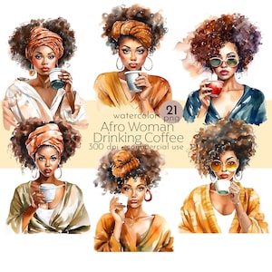 Femme afro avec des bigoudis, boire du café des cliparts, clipart boissons café, belle fille noire - téléchargement immédiat - usage Commercial