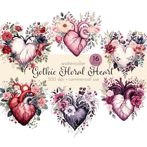 Gothic Floral Heart Clipart, Floral Hearts, Gothic Valentine, Anatomical Heart - Instant Download - Commercial Use