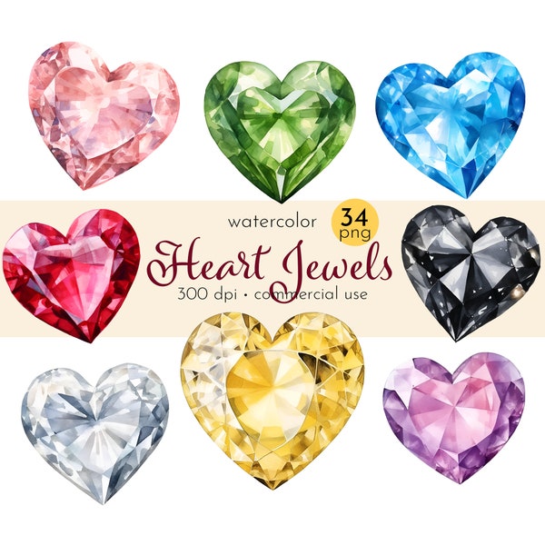 Colorful Jewel Heart-shaped Rhinestone Clipart Bundle, Jewelry  - Instant Download - Commercial Use