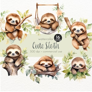 Adorable adorable paresseux Clipart, animaux de la jungle, des cliparts bébés animaux, clipart baby shower, paresseux Clip Art - téléchargement immédiat - usage Commercial