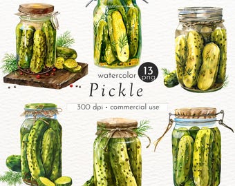 Pickle Jar Watercolor Clipart, Farmhouse Kitchen Art (PNG Digital Download)