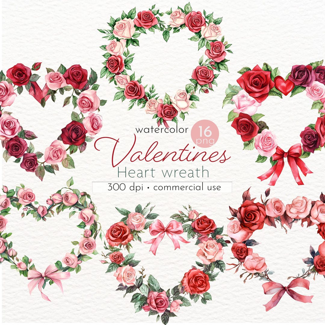Heart Wreath Clipart, Red and Pink Roses With Ribbon, Red Valentines ...