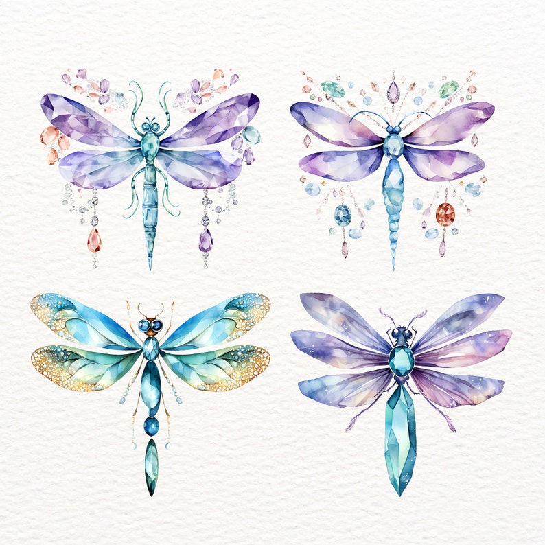 May include: Four watercolor illustrations of jeweled dragonflies with iridescent wings. The dragonflies are in shades of blue, purple, and green with gold accents.