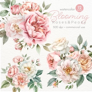 Clipart de buquê de flores de primavera, clipart de casamento de rosas peônias, imagens de lindas flores de verão - Download instantâneo - Uso comercial
