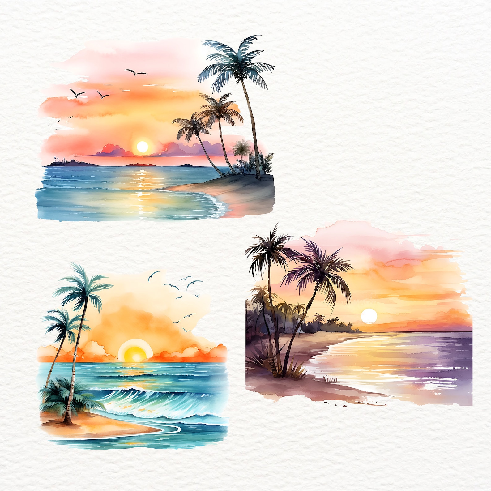 Watercolor Sunset Beach Clipart: Tropical Landscape Art (digital ...