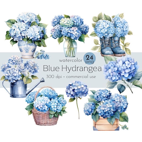 Blue Hydrangea Clipart, Watercolor Hydrangea Flowers, Images of Beautiful Spring Flowers - Instant Download - Commercial Use