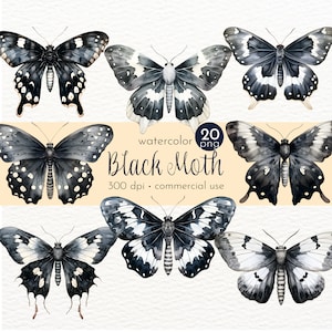 Schwarze Motte Clipart, Aquarell Insekten, gemalte Motten, rustikale Bio Motte - Instant Download - Kommerzielle Nutzung