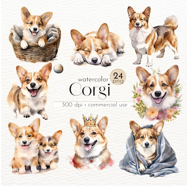 Corgi Dog Clipart, Welsh Corgi, Watercolor Dog, Cardigan Welsh Corgi Clip Art - Instant Download - Commercial Use