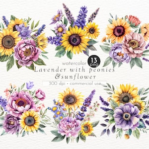 Lavendel Sonnenblume Pfingstrose Clipart - 13 PNG Aquarell Blumensträuße, Botanische Hochzeitsblumen, 300 DPI, kommerzielle Nutzung