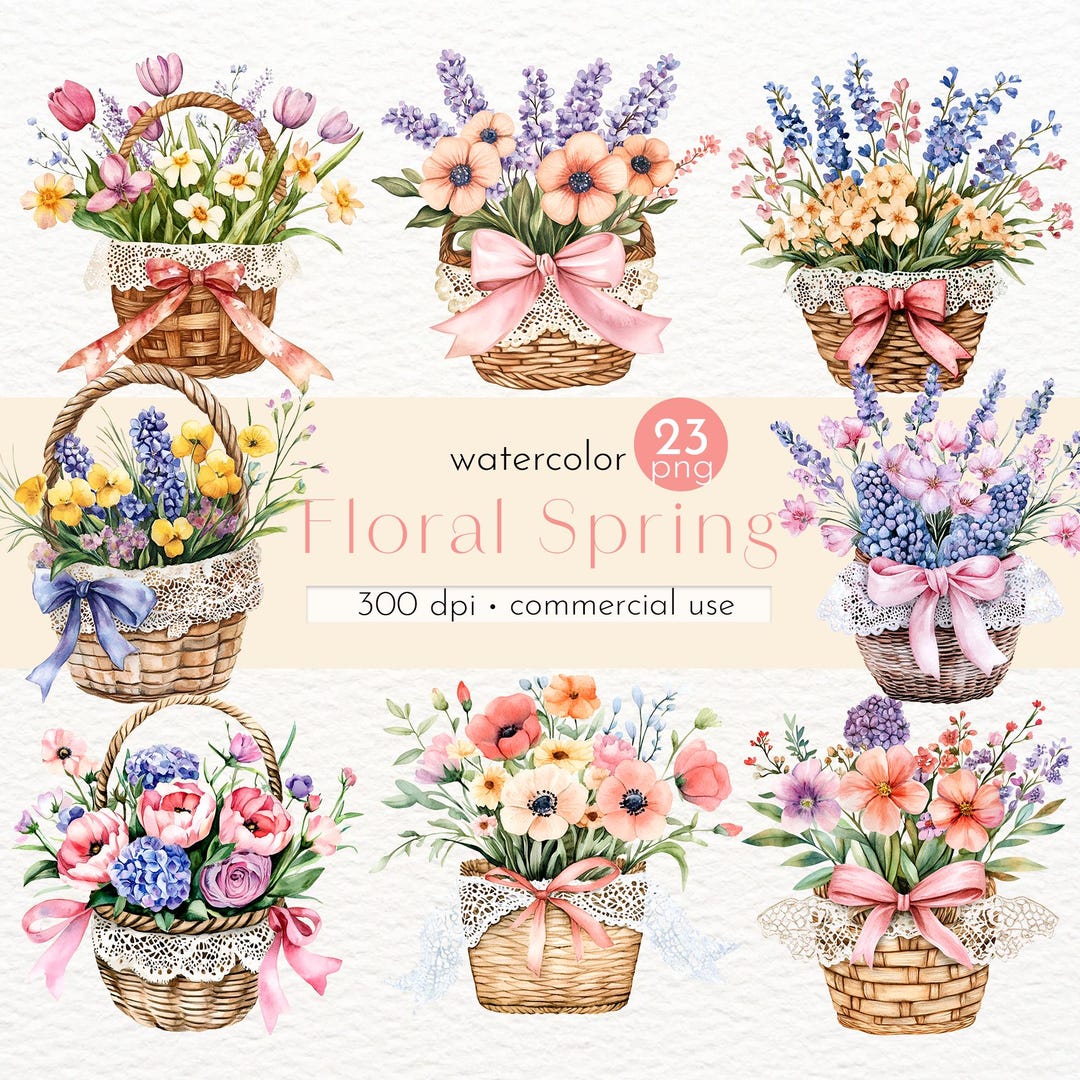 Watercolor Floral Basket Clipart: Spring Flowers With Lace (PNG Digital ...