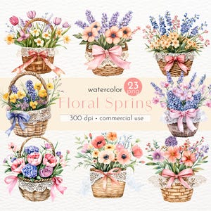 Cesta de primavera floral com renda e fita clipart, flores de verão em aquarela, scrapbooking - Download instantâneo - Uso comercial