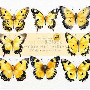 Gelbe und schwarze Schmetterlinge Clipart, Aquarell Insekten, gemalte Schmetterlinge, Bio Schmetterling - Instant Download - Kommerzielle Nutzung