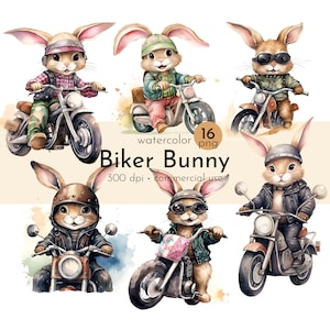 Biker Bunny Clipart, Conejitos de acuarela, Conejito conductor de motocicleta, Clipart de baby shower, Bunny Clip Art - Descarga instantánea - Uso comercial